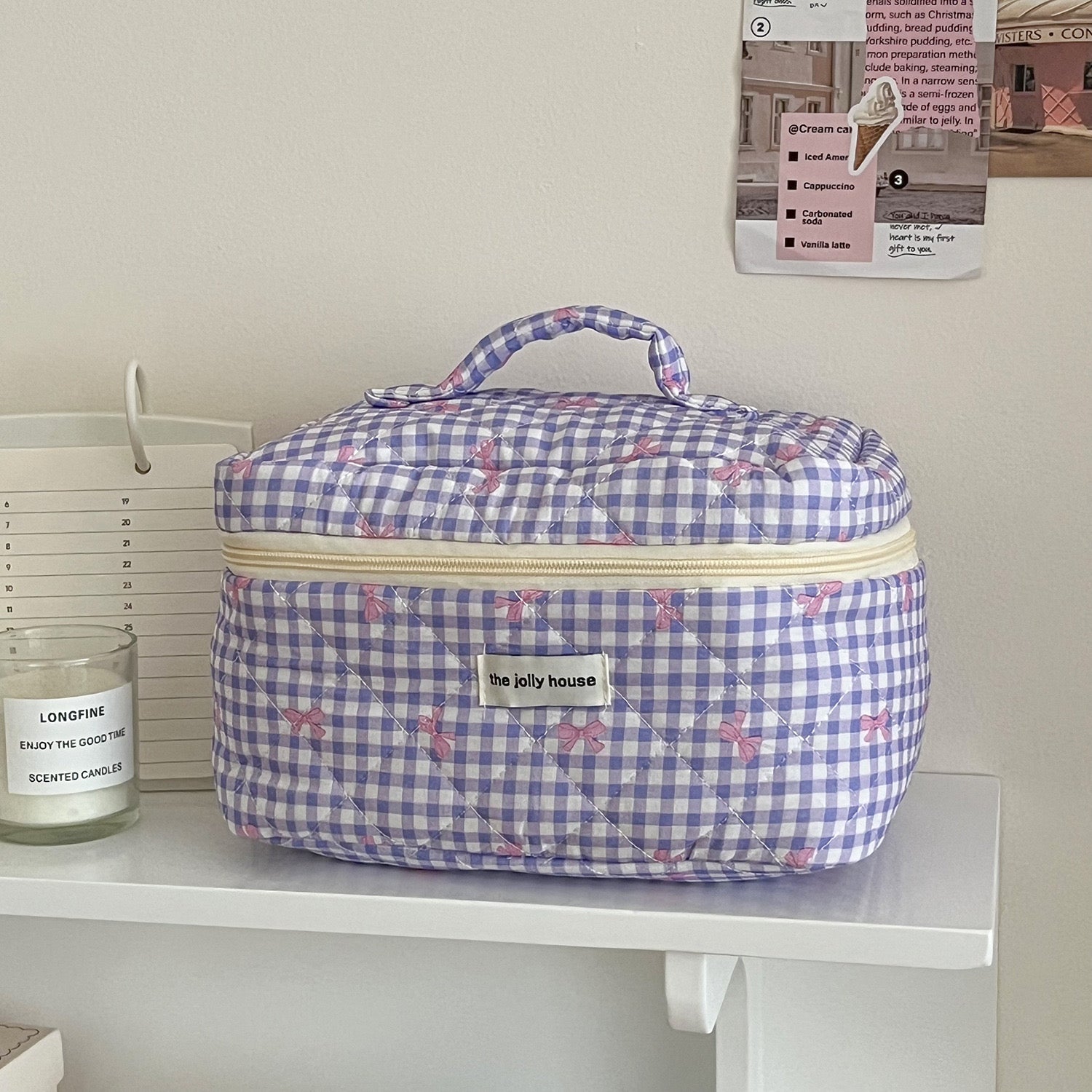 Check & Bow Printed Soft Cosmetic Travel Bag