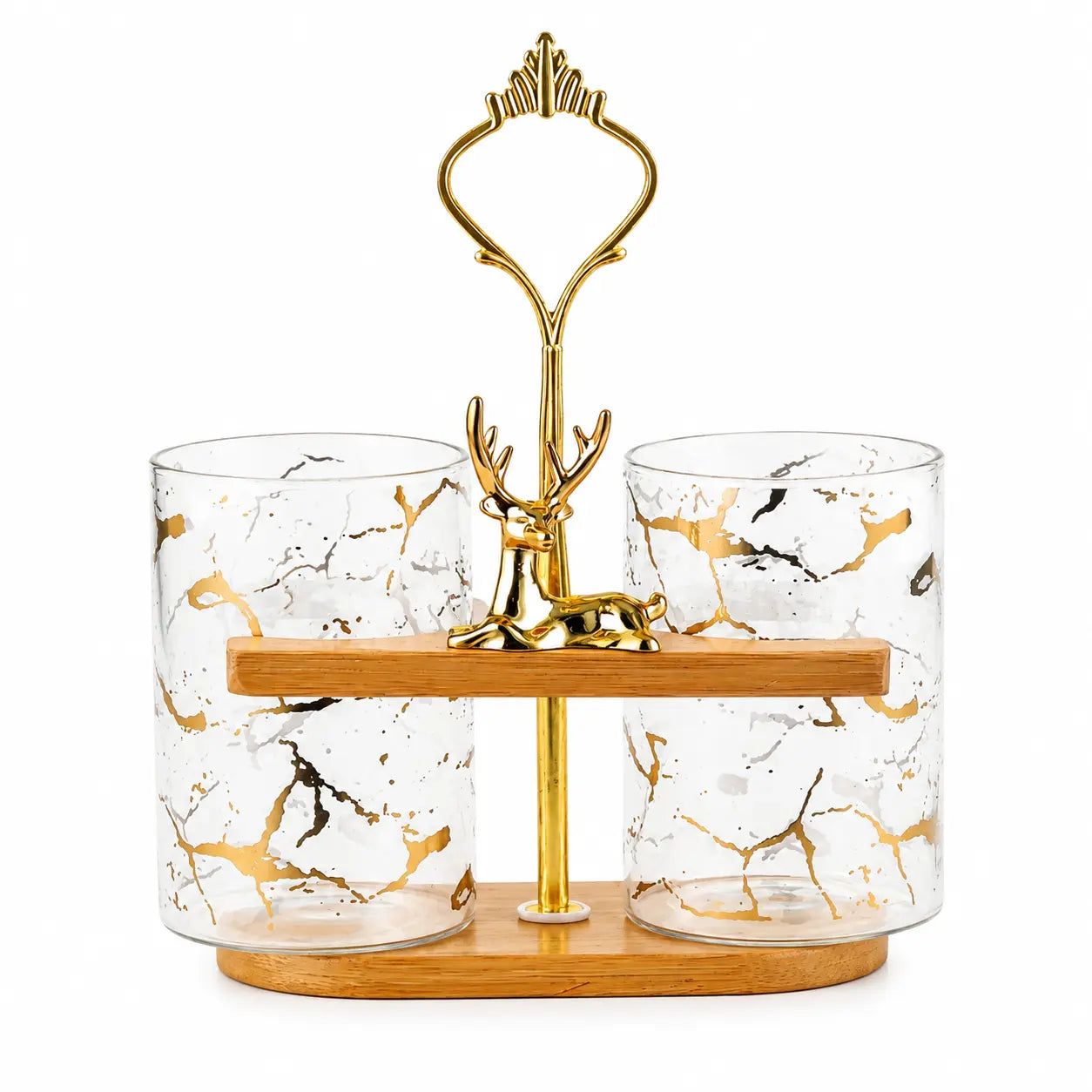 2-Piece Marble Glass Cutlery Holder with Bamboo Stand & Golden Deer Handle