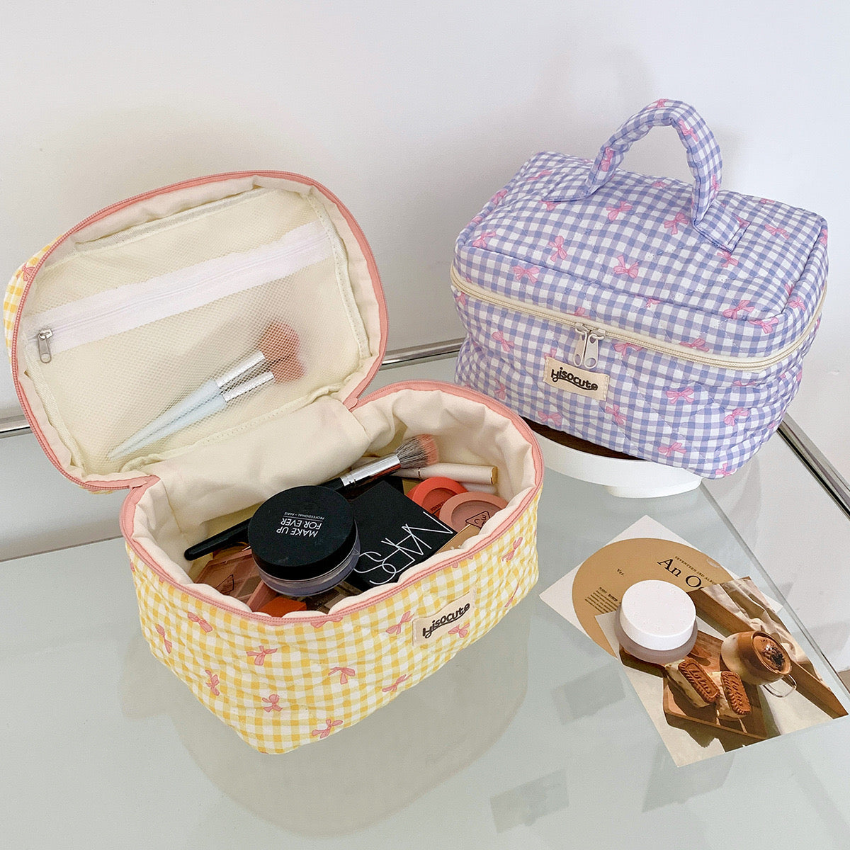 Check & Bow Printed Soft Cosmetic Travel Bag