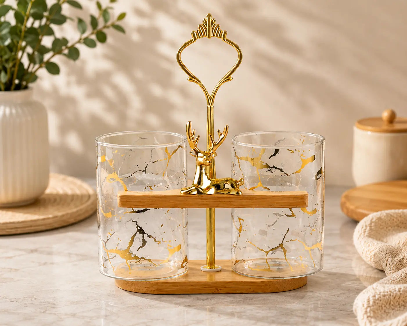 2-Piece Marble Glass Cutlery Holder with Bamboo Stand & Golden Deer Handle