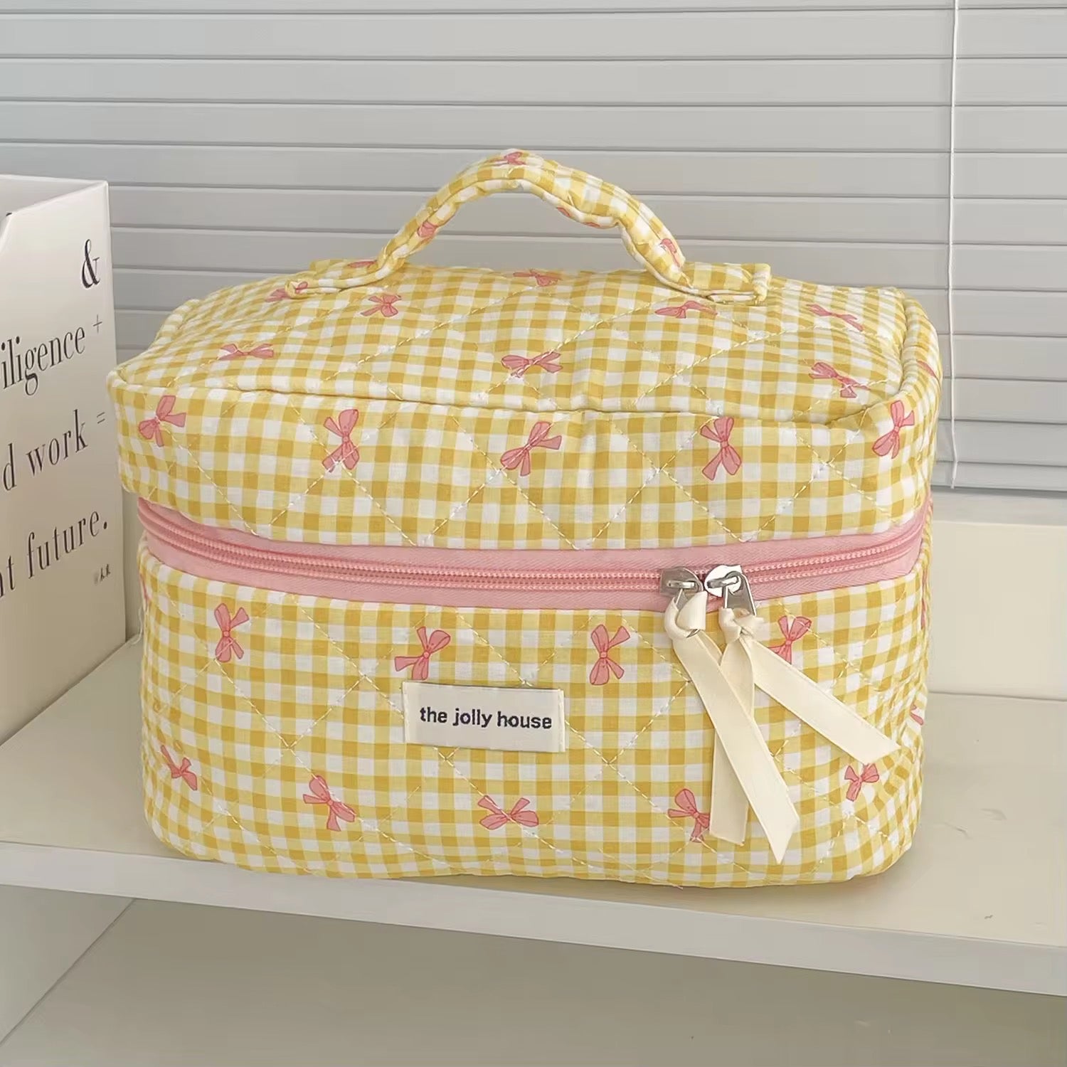 Check & Bow Printed Soft Cosmetic Travel Bag