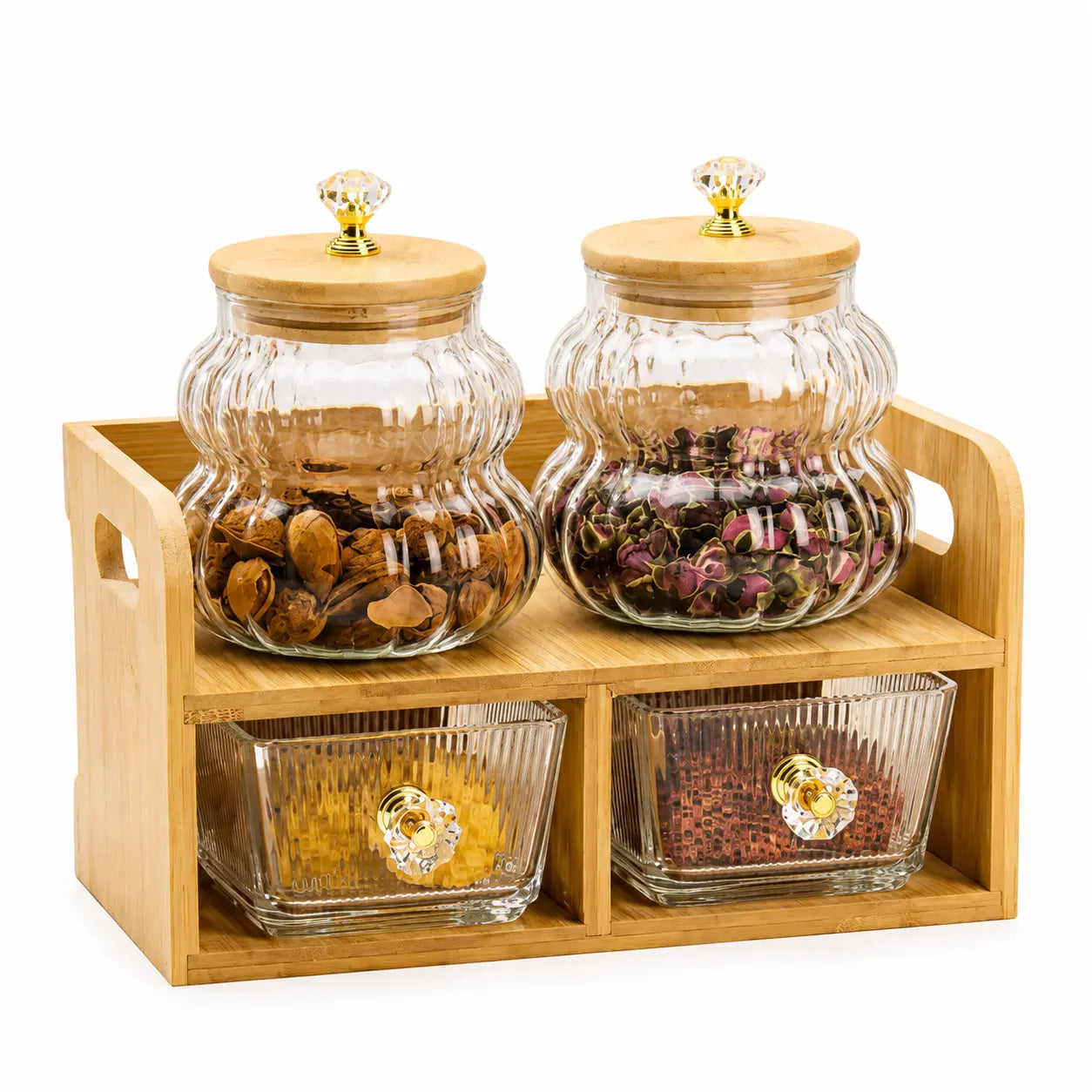 4-Piece Glass Dry Fruit & Snack Jar Set with Bamboo Organizer & Crystal Knobs
