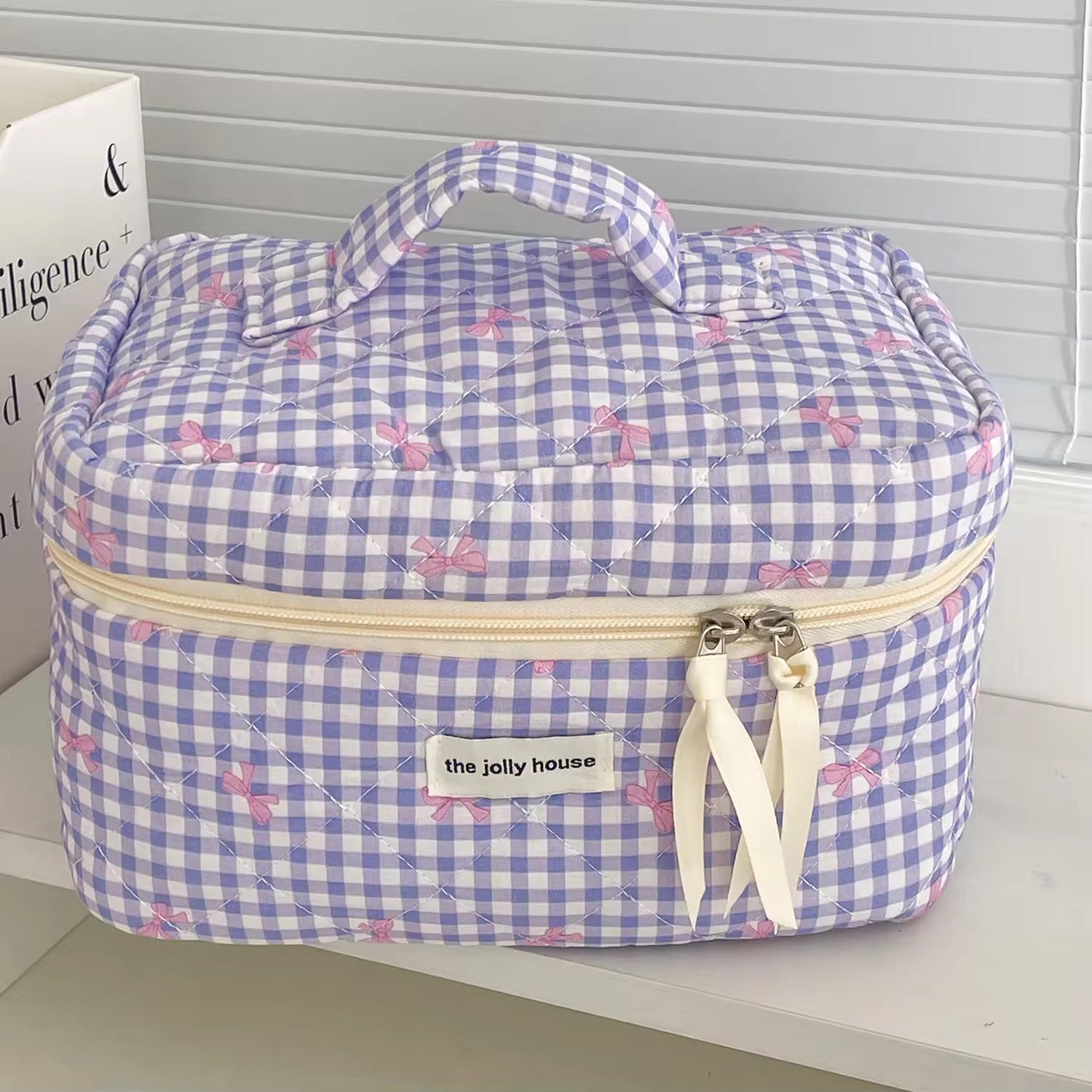 Check & Bow Printed Soft Cosmetic Travel Bag