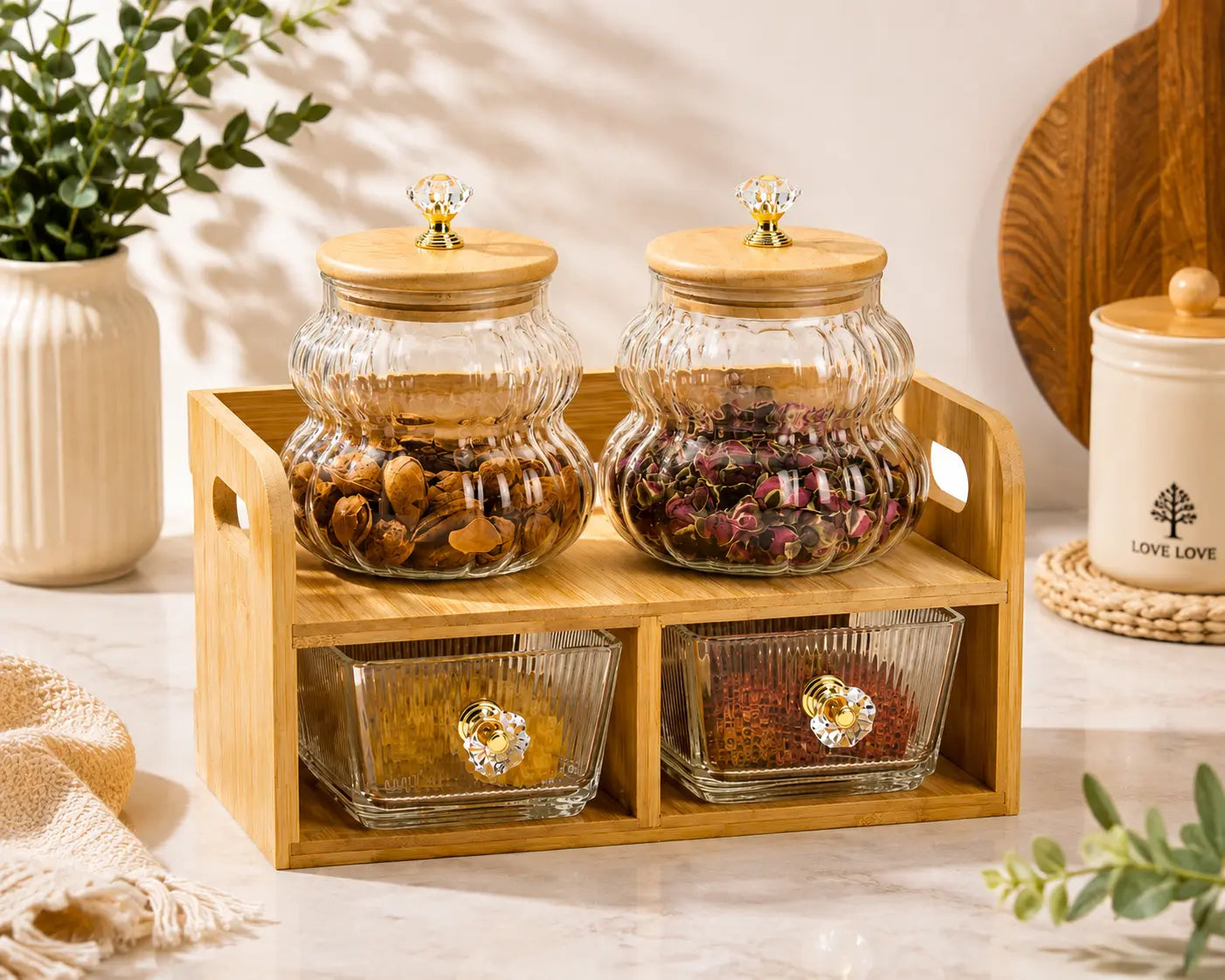 4-Piece Glass Dry Fruit & Snack Jar Set with Bamboo Organizer & Crystal Knobs