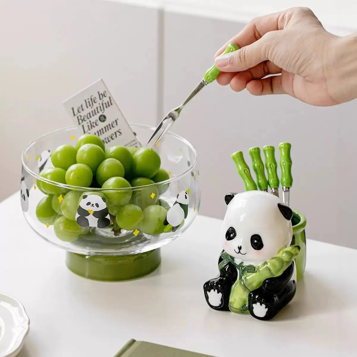 Cute Panda Ceramic Fork Holder with 5 Bamboo Forks