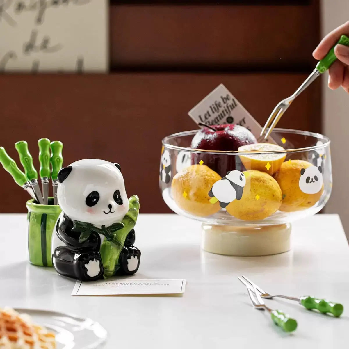 Cute Panda Ceramic Fork Holder with 5 Bamboo Forks