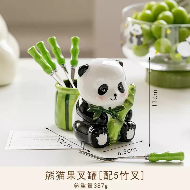 Cute Panda Ceramic Fork Holder with 5 Bamboo Forks