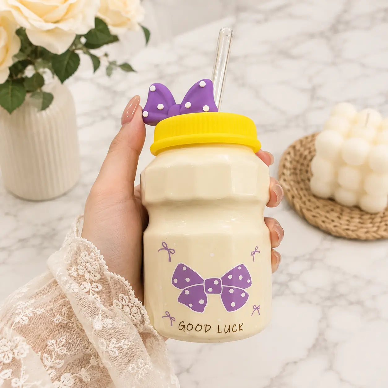 Cute Bow Ceramic Storage Jar with 3D Bow Lid