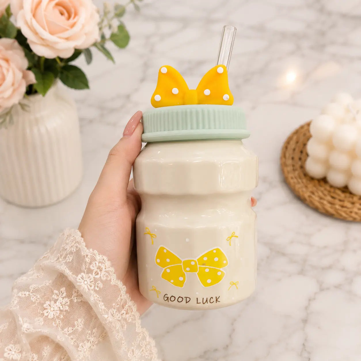 Cute Bow Ceramic Storage Jar with 3D Bow Lid