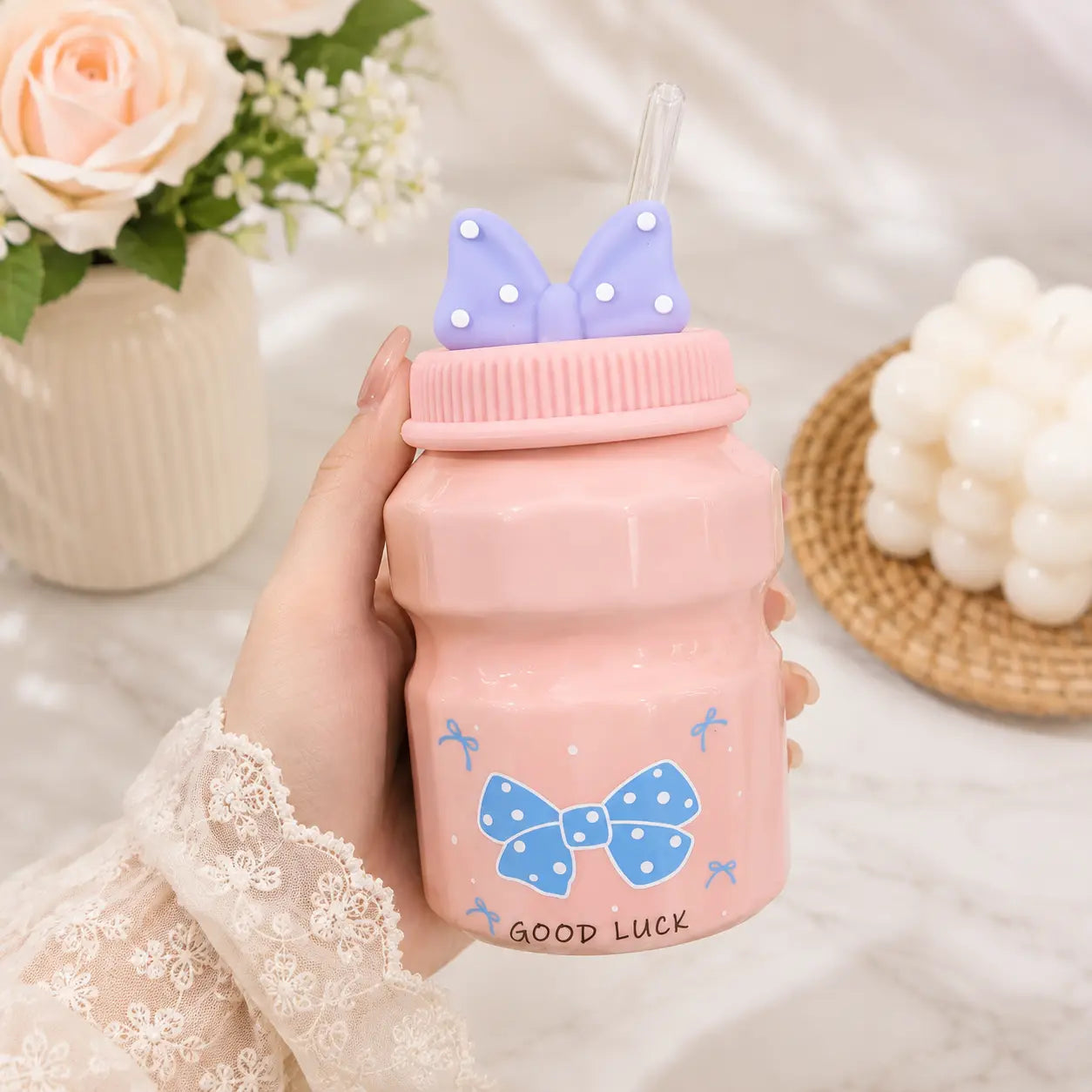 Cute Bow Ceramic Storage Jar with 3D Bow Lid