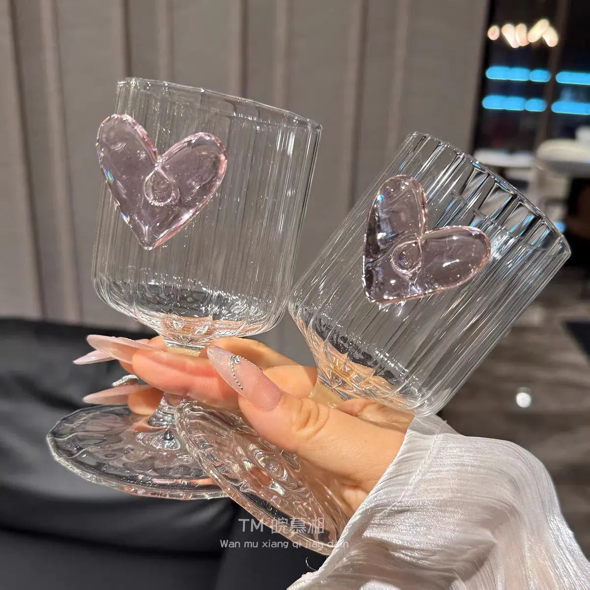 Pink Heart Ribbed Glass Goblet