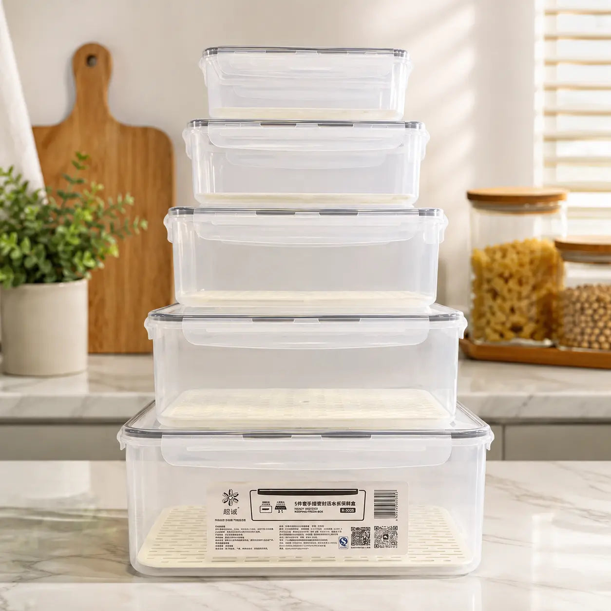 5-Piece Stackable Fresh Food Storage Box Set with Drain Trays