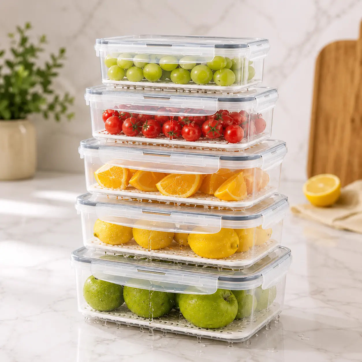5-Piece Stackable Fresh Food Storage Box Set with Drain Trays