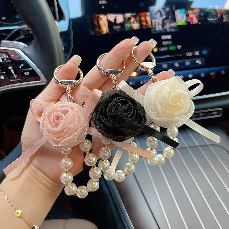 Pearl Rose Keychain Bracelet Elegant Ribbon Flower Charm Bag & Car Key Holder Sparkels  Sparkels