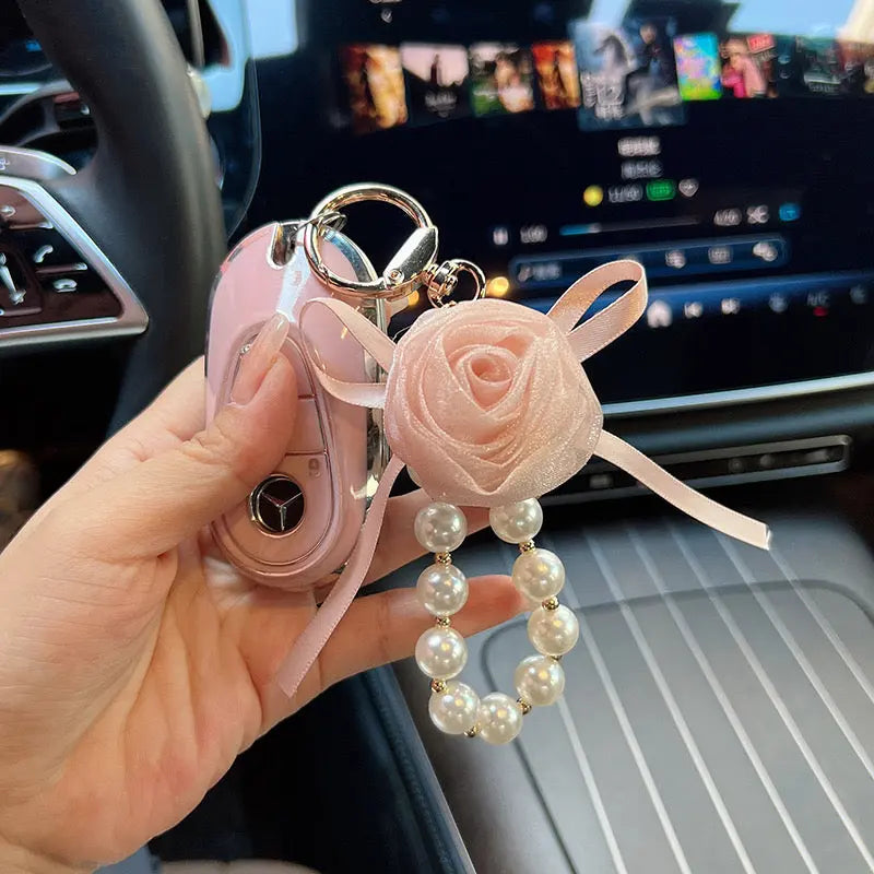 Pearl Rose Keychain Bracelet Elegant Ribbon Flower Charm Bag & Car Key Holder Sparkels  Sparkels