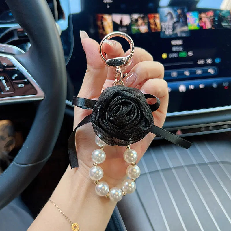 Pearl Rose Keychain Bracelet Elegant Ribbon Flower Charm Bag & Car Key Holder Sparkels  Sparkels