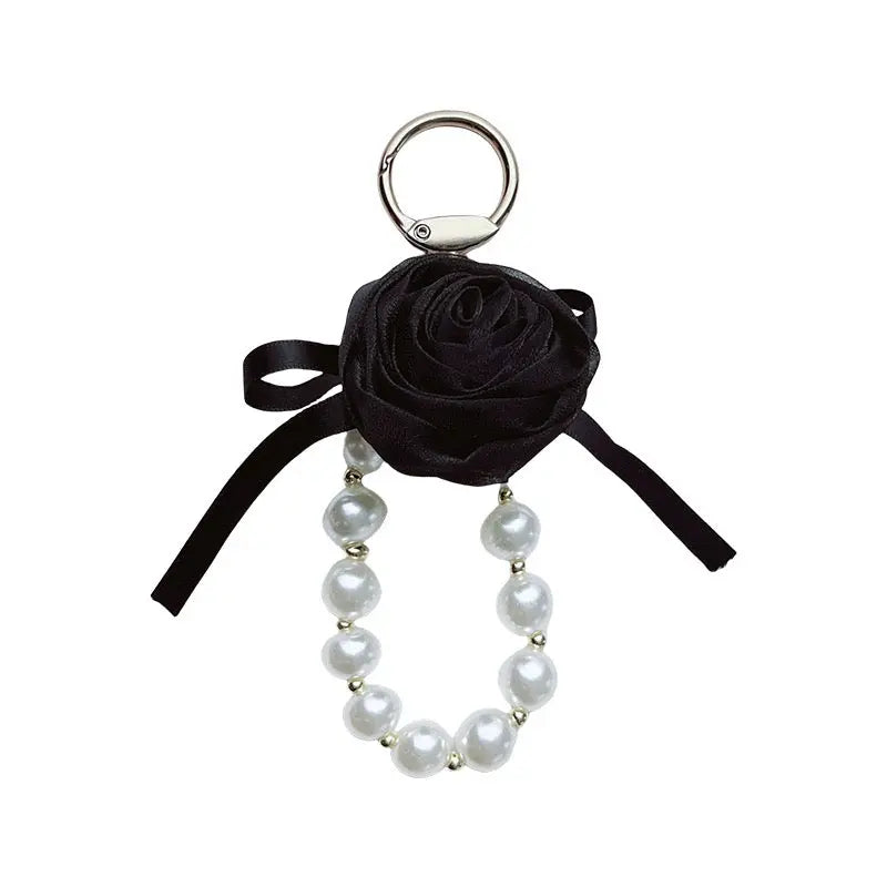 Pearl Rose Keychain Bracelet Elegant Ribbon Flower Charm Bag & Car Key Holder Sparkels  Sparkels
