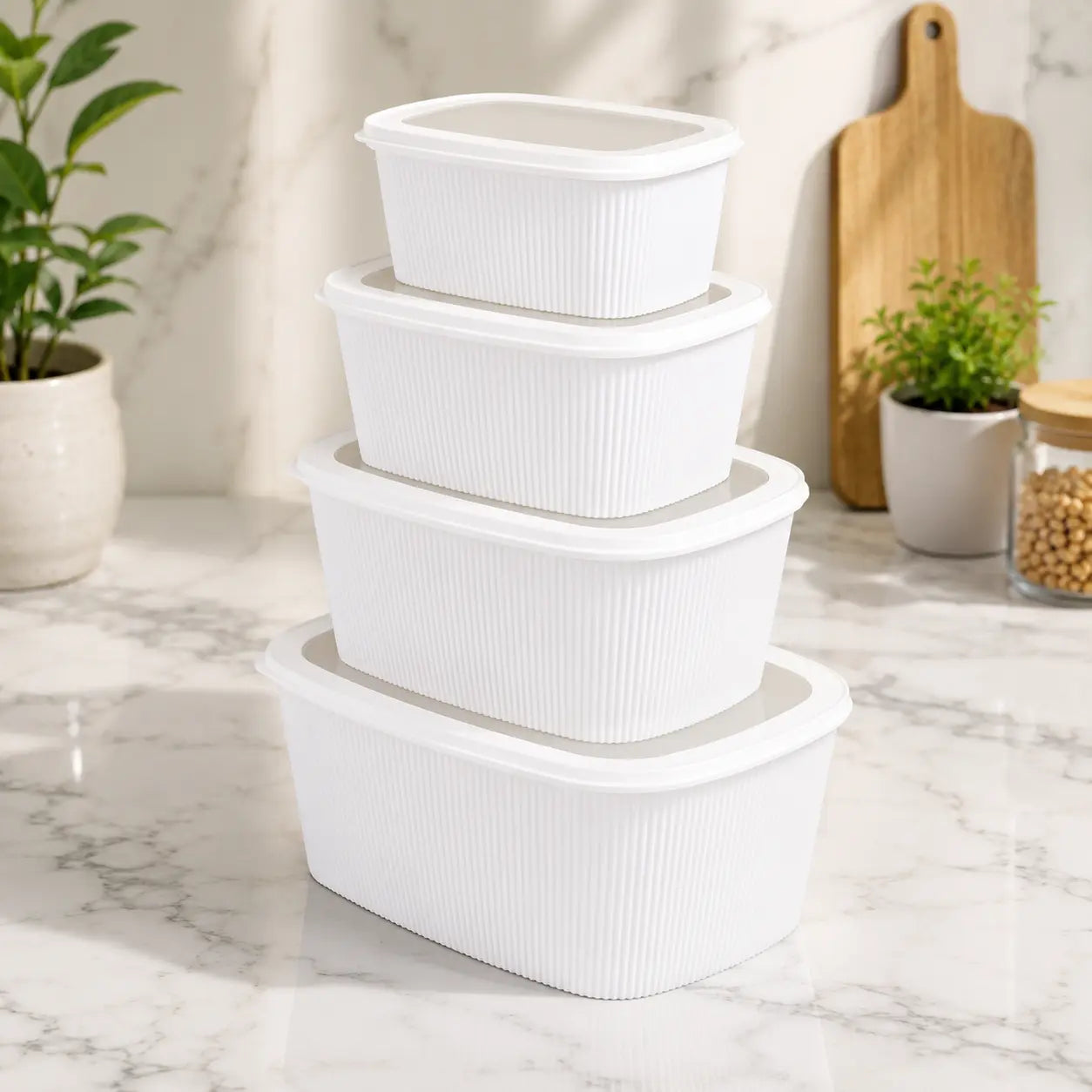 4-Piece Rectangular Food Storage Container Set with Lids Stackable Kitchen Organizer
