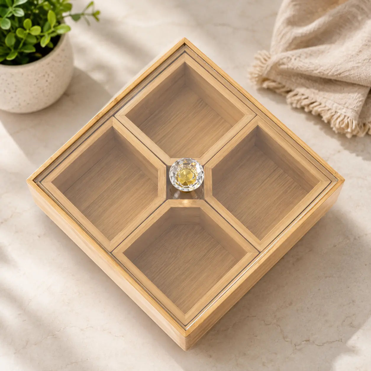 Square Bamboo Dry Fruit & Snack Serving Box with 4 Compartments & Lid