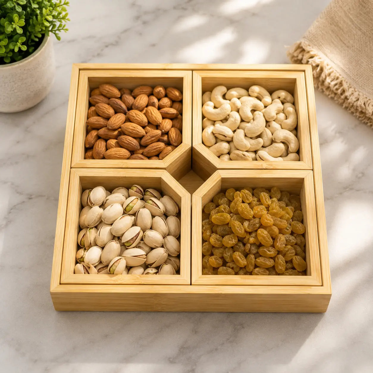 Square Bamboo Dry Fruit & Snack Serving Box with 4 Compartments & Lid