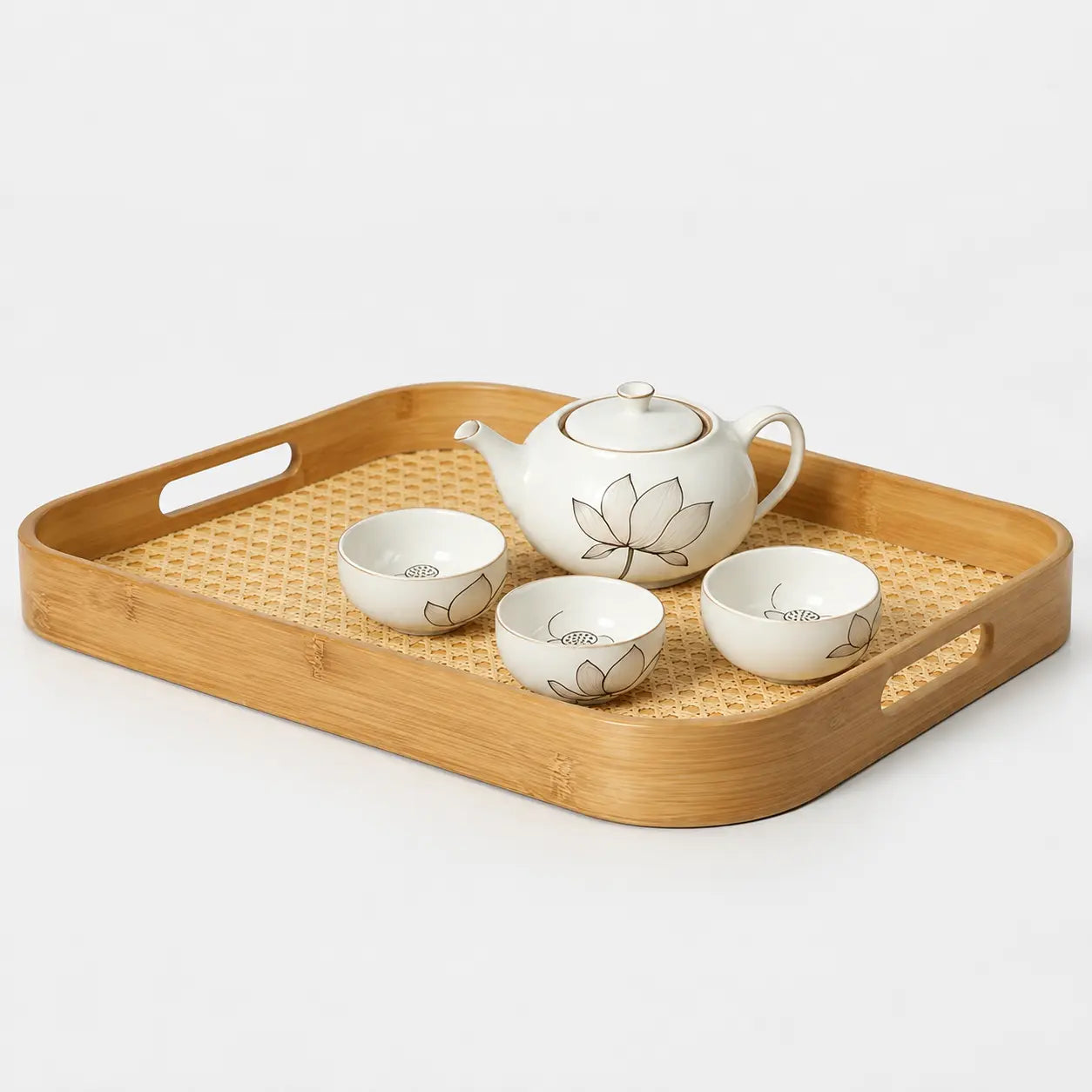 3-Piece Bamboo Rattan Serving Tray Set with Handles