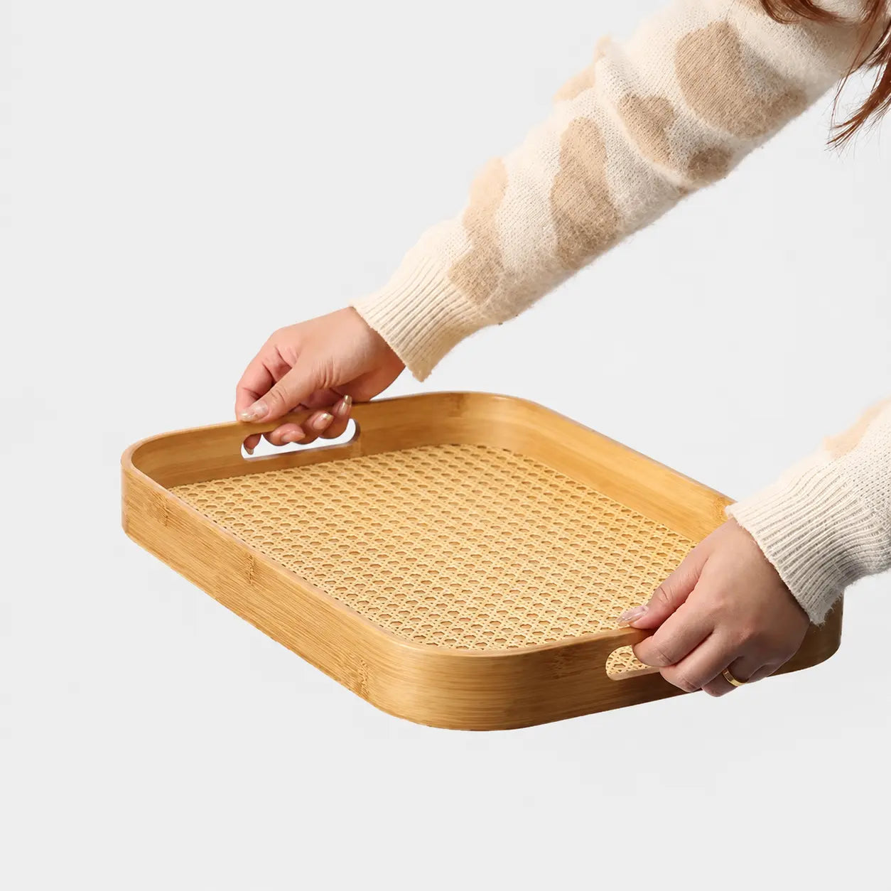 3-Piece Bamboo Rattan Serving Tray Set with Handles