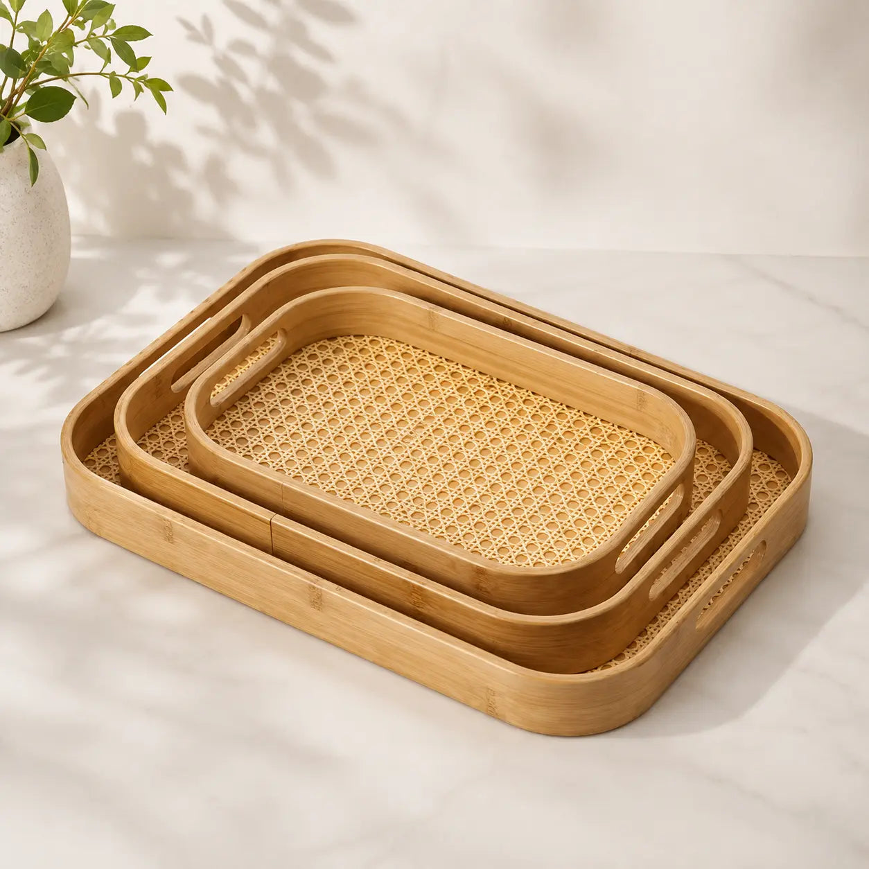 3-Piece Bamboo Rattan Serving Tray Set with Handles
