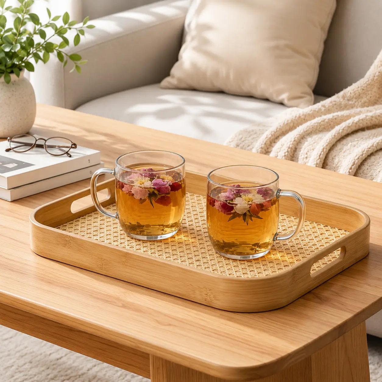 3-Piece Bamboo Rattan Serving Tray Set with Handles