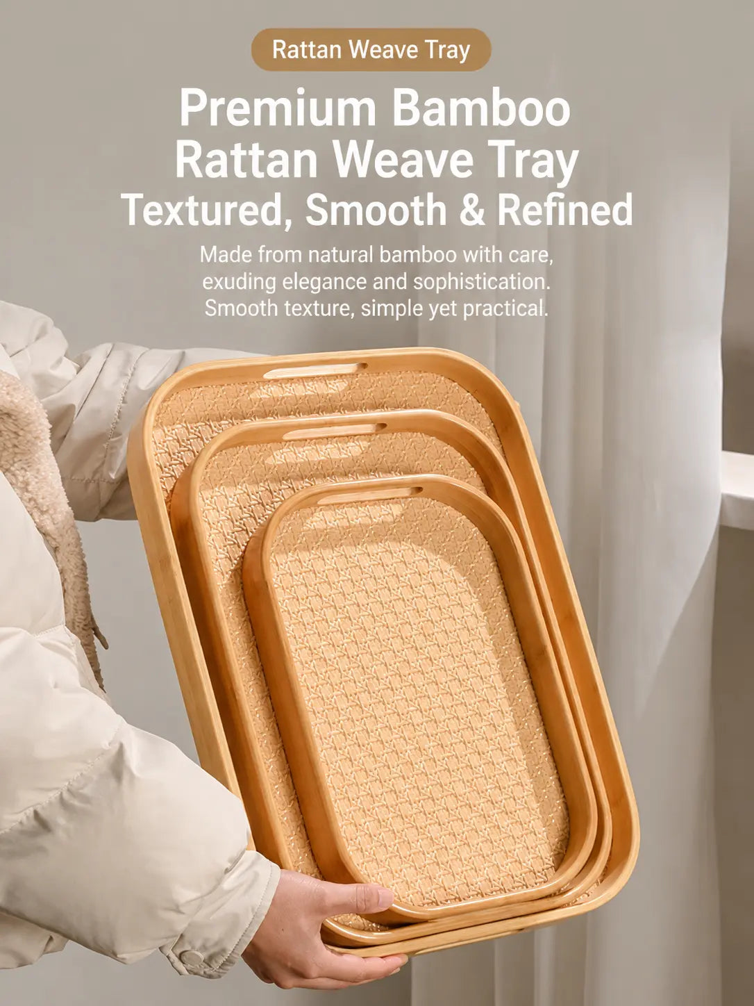 3-Piece Bamboo Rattan Serving Tray Set with Handles