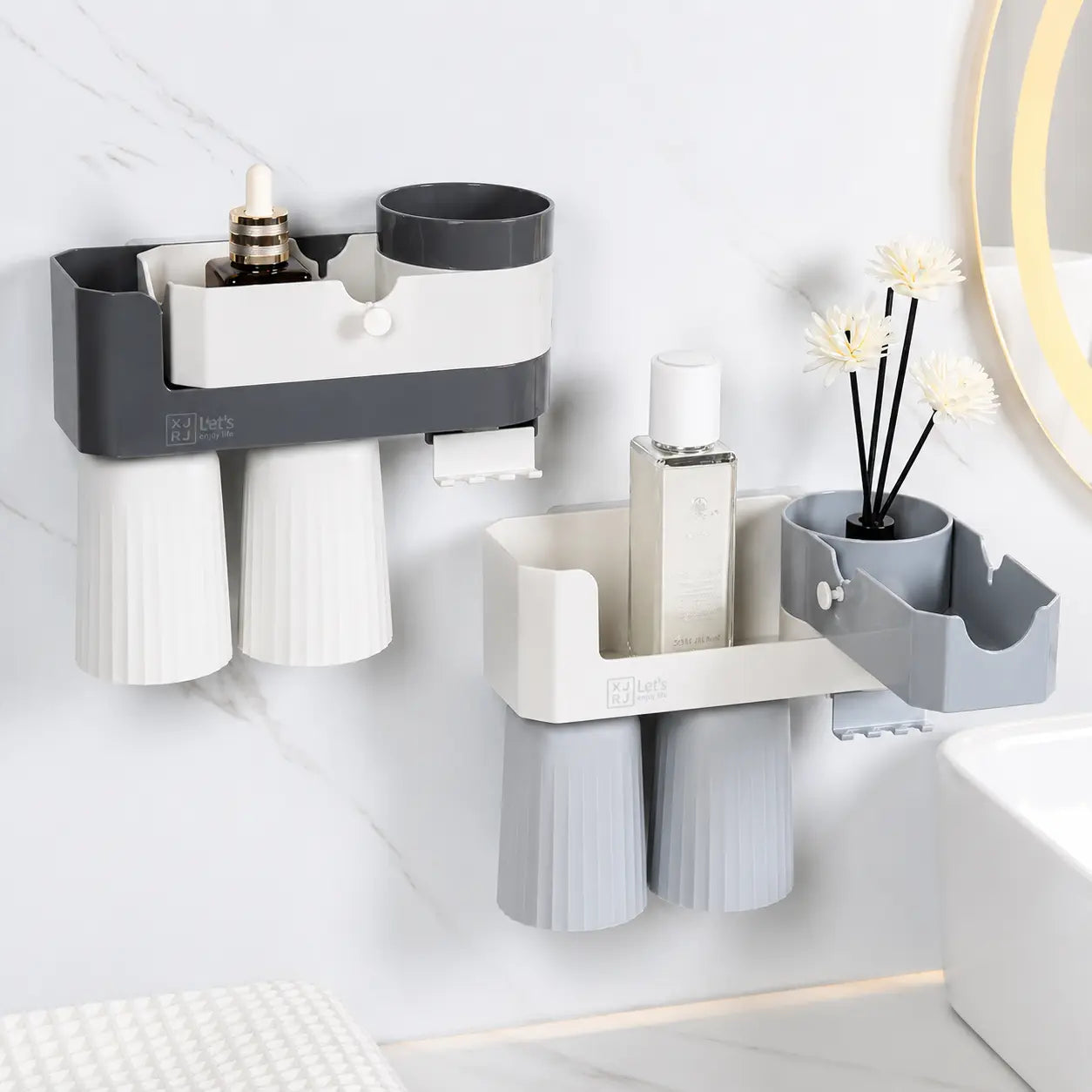 Wall-Mounted Bathroom Organizer with 2 Cups & Multi-Storage Compartments