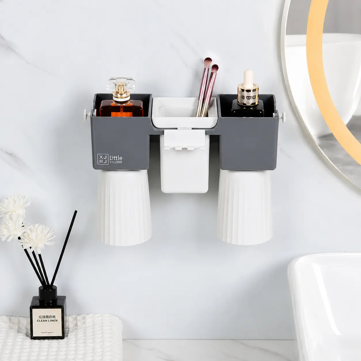 Wall-Mounted Bathroom Organizer with Toothbrush Holders & Storage Cups