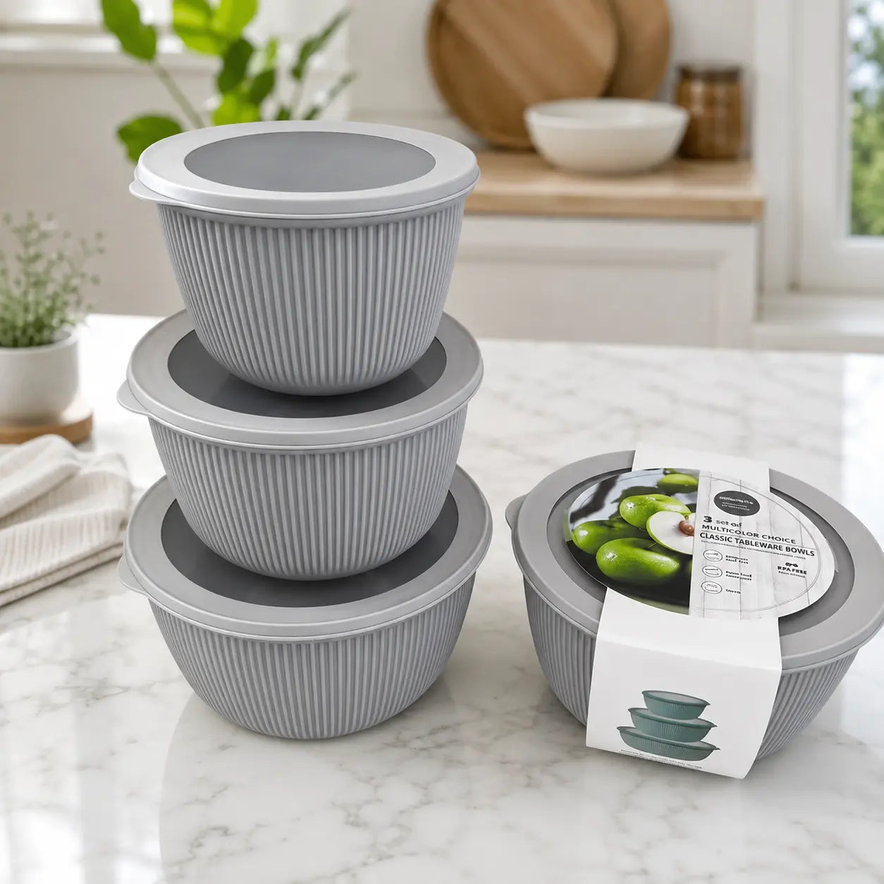 3-Piece Round Food Storage Bowl Set with Lids Stackable Serving & Kitchen Bowls