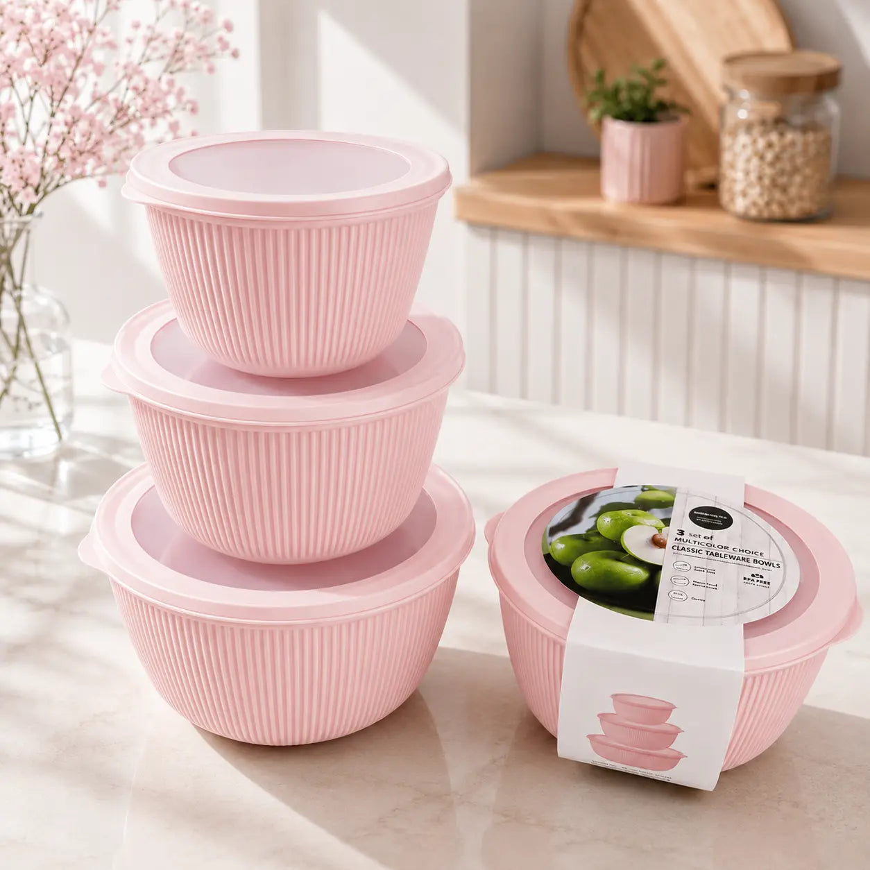 3-Piece Round Food Storage Bowl Set with Lids Stackable Serving & Kitchen Bowls