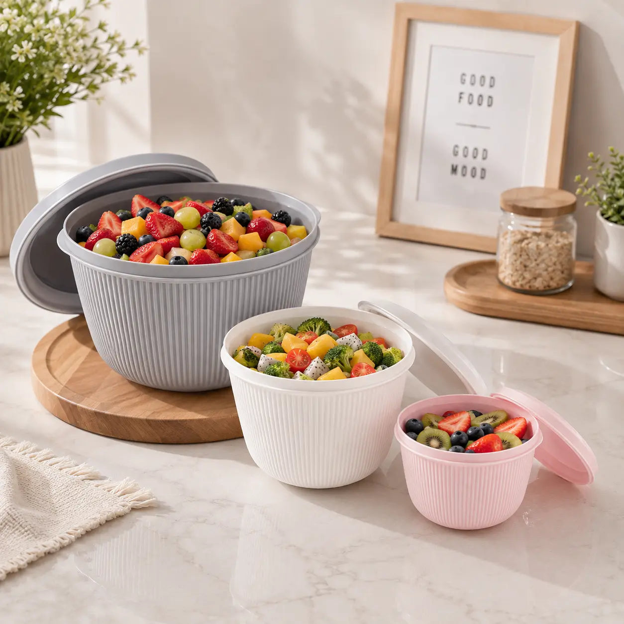 3-Piece Round Food Storage Bowl Set with Lids Stackable Serving & Kitchen Bowls
