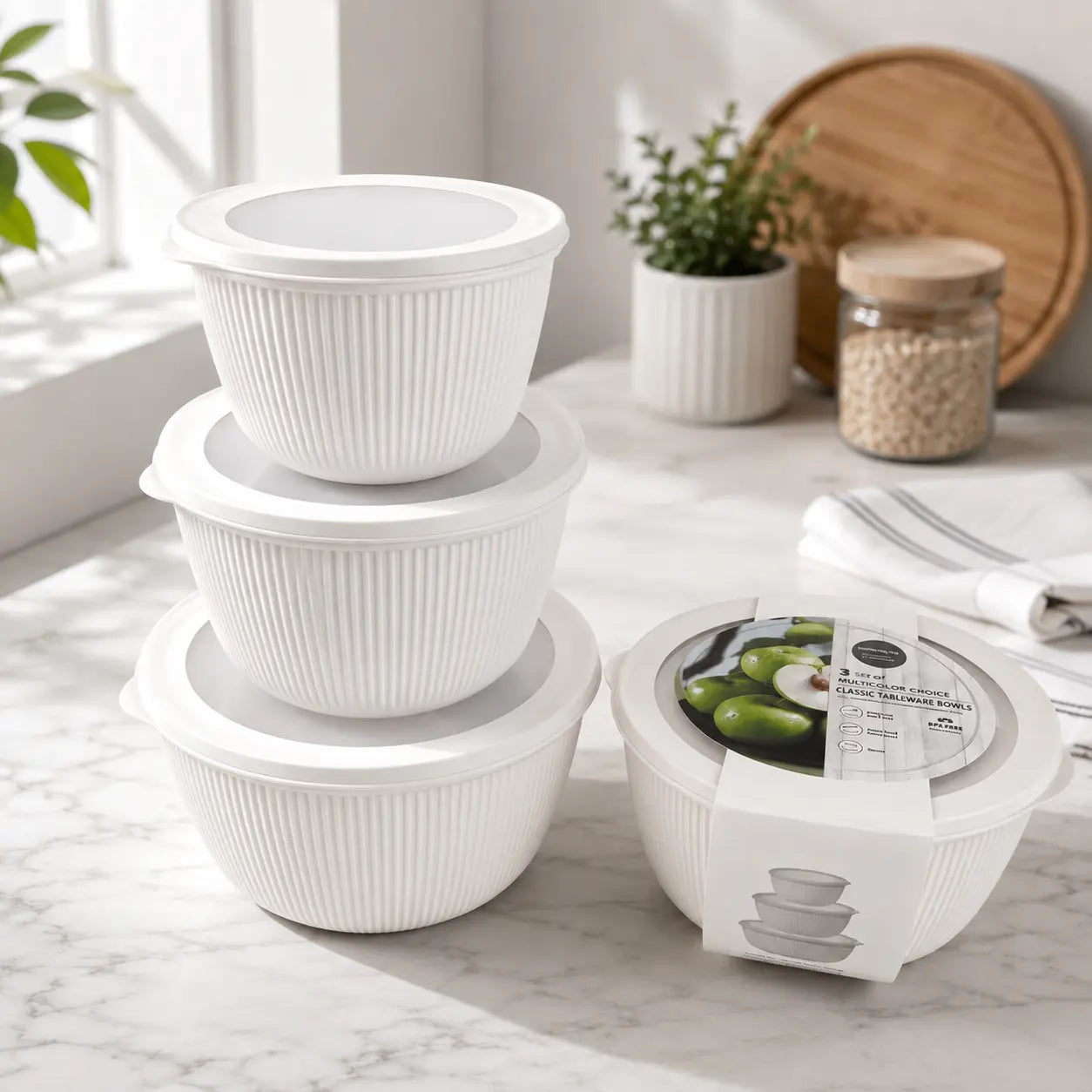 3-Piece Round Food Storage Bowl Set with Lids Stackable Serving & Kitchen Bowls