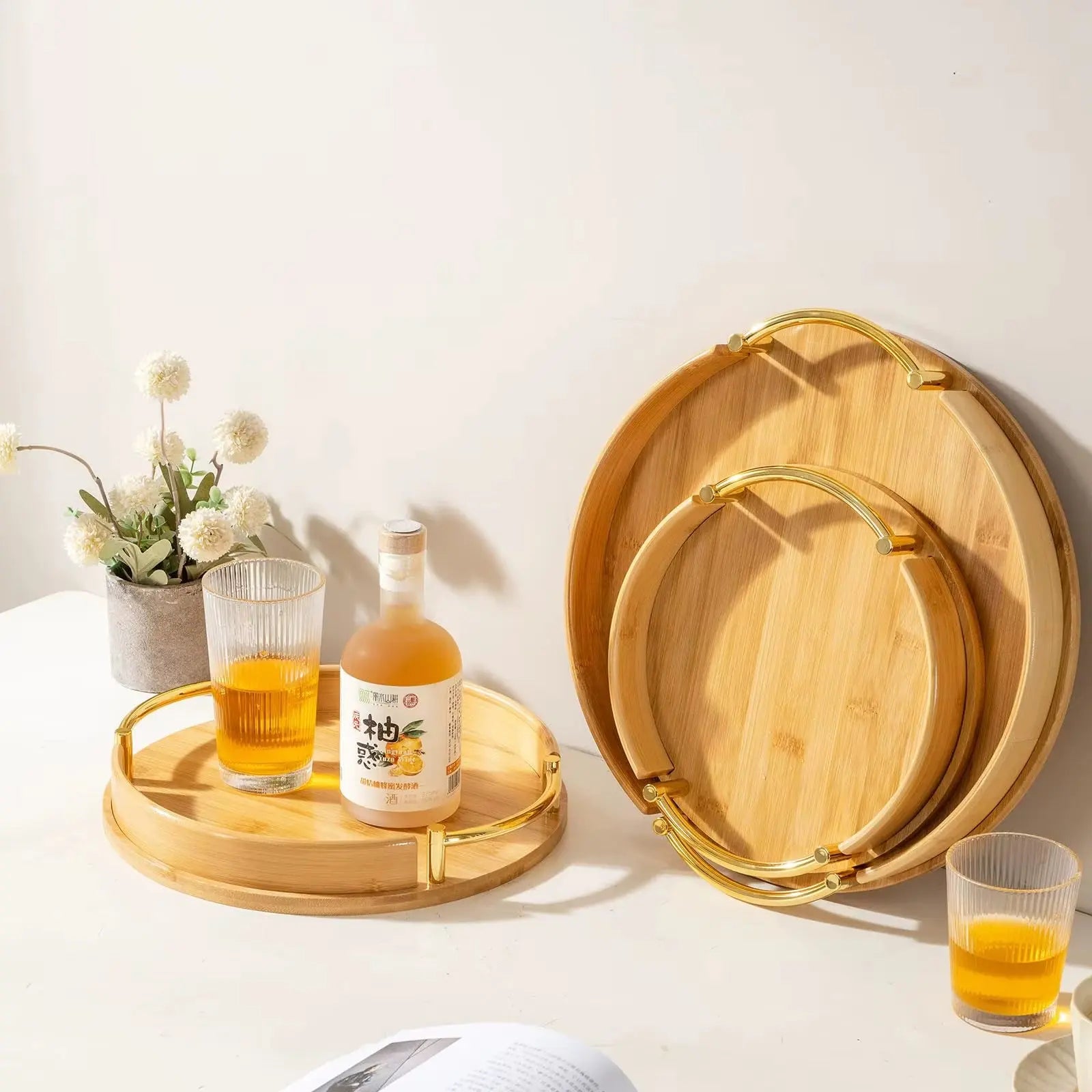 3-Piece Round Bamboo Serving Tray Set with Gold Handles