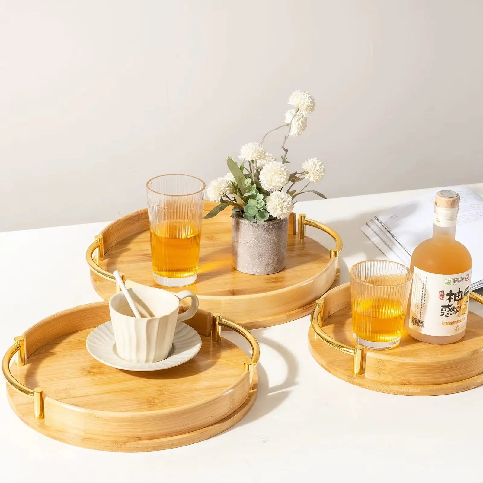 3-Piece Round Bamboo Serving Tray Set with Gold Handles