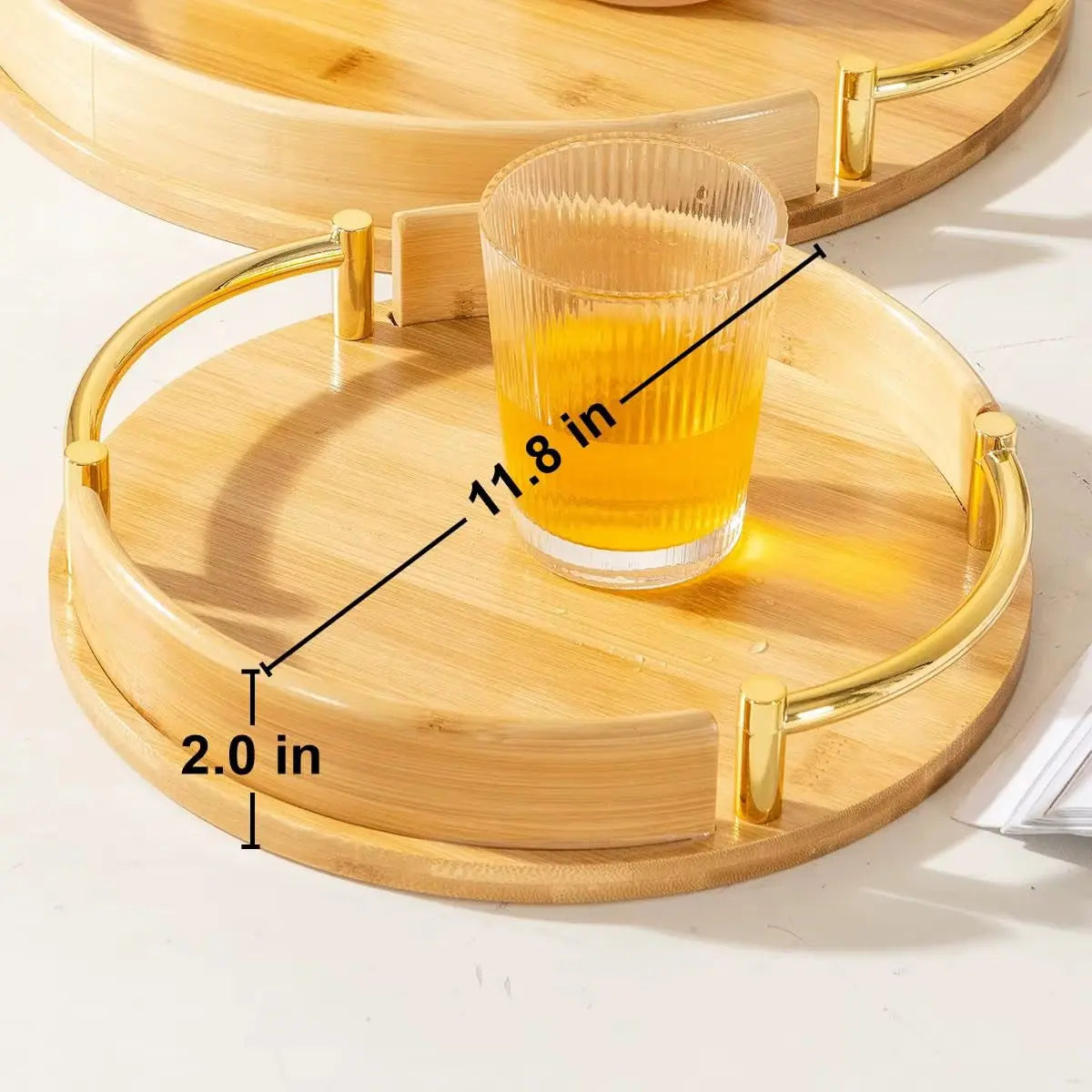 3-Piece Round Bamboo Serving Tray Set with Gold Handles