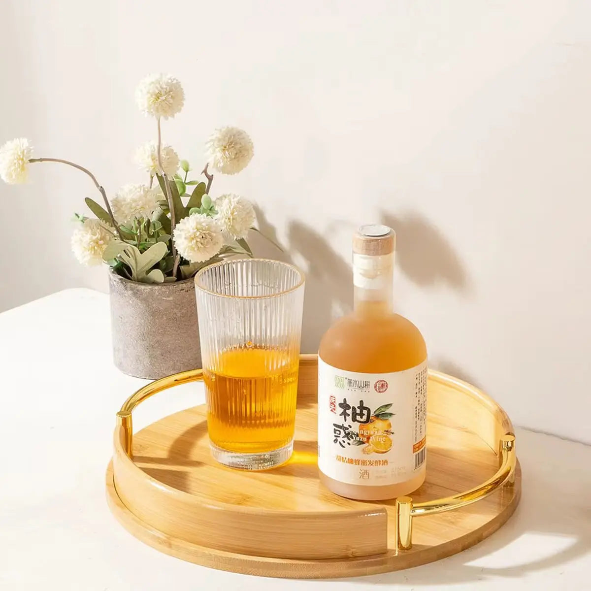 3-Piece Round Bamboo Serving Tray Set with Gold Handles