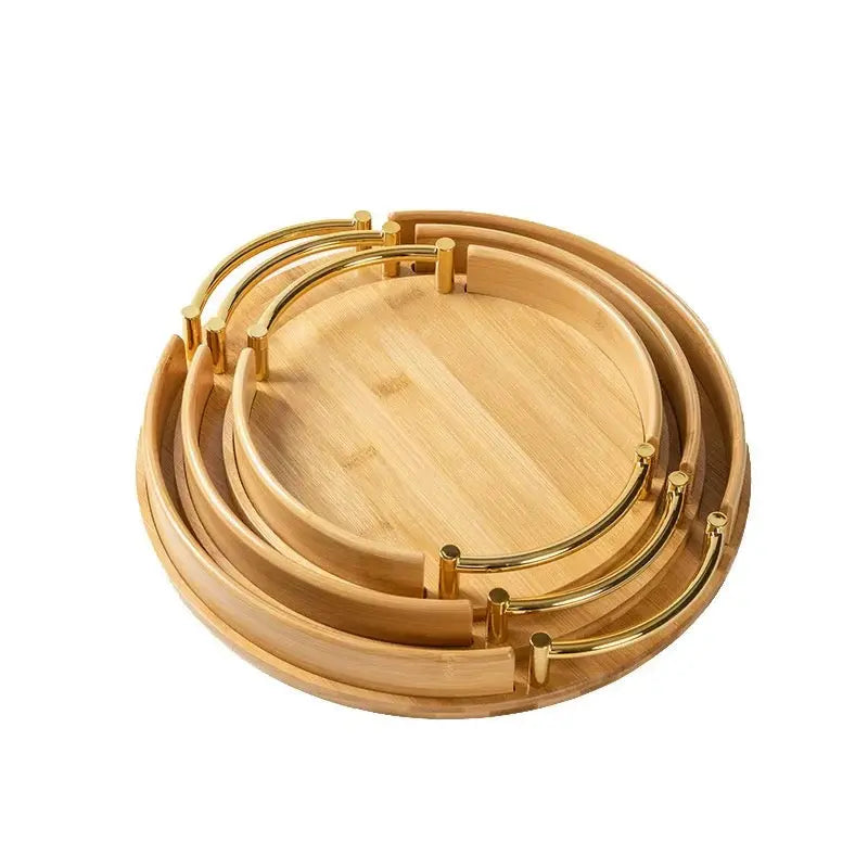 3-Piece Round Bamboo Serving Tray Set with Gold Handles
