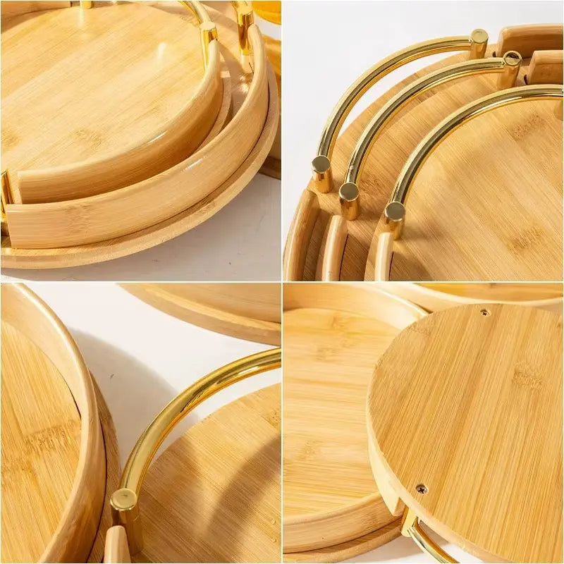 3-Piece Round Bamboo Serving Tray Set with Gold Handles