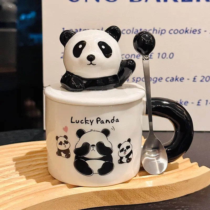 Lucky Panda Ceramic Mug with 3D Lid & Spoon