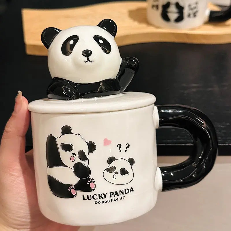 Lucky Panda Ceramic Mug with 3D Lid & Spoon