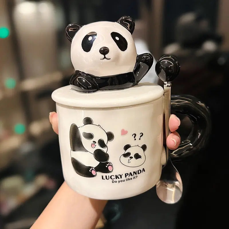 Lucky Panda Ceramic Mug with 3D Lid & Spoon