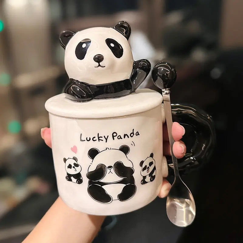 Lucky Panda Ceramic Mug with 3D Lid & Spoon