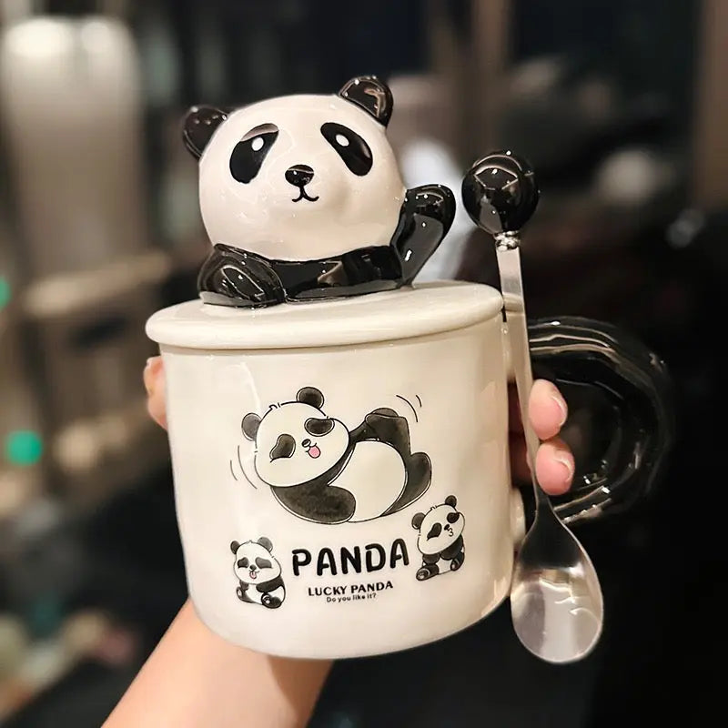 Lucky Panda Ceramic Mug with 3D Lid & Spoon