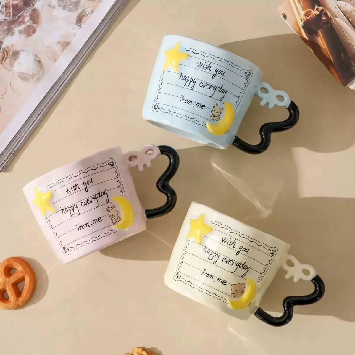 Cute Star & Moon Ceramic Mug with Heart Handle