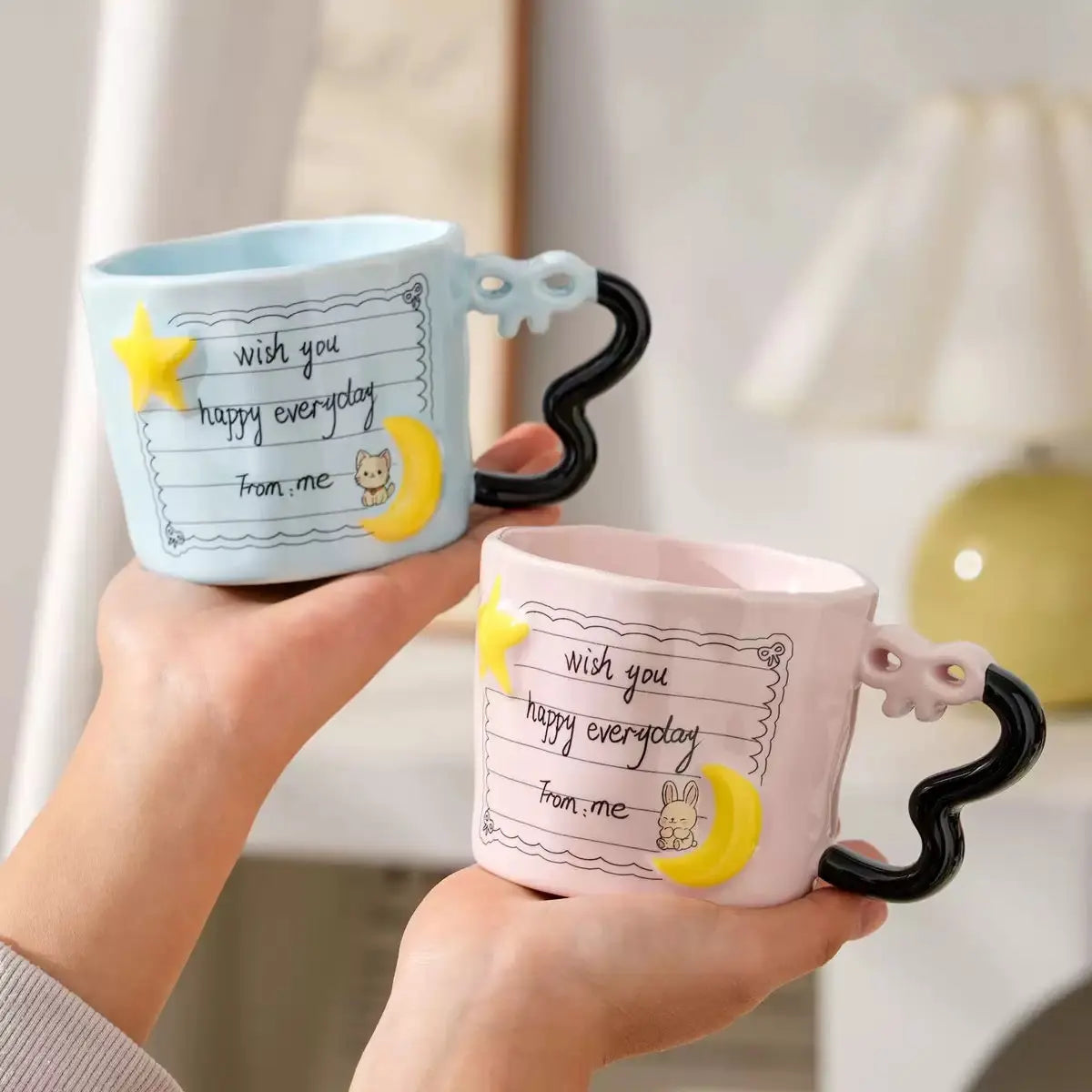 Cute Star & Moon Ceramic Mug with Heart Handle