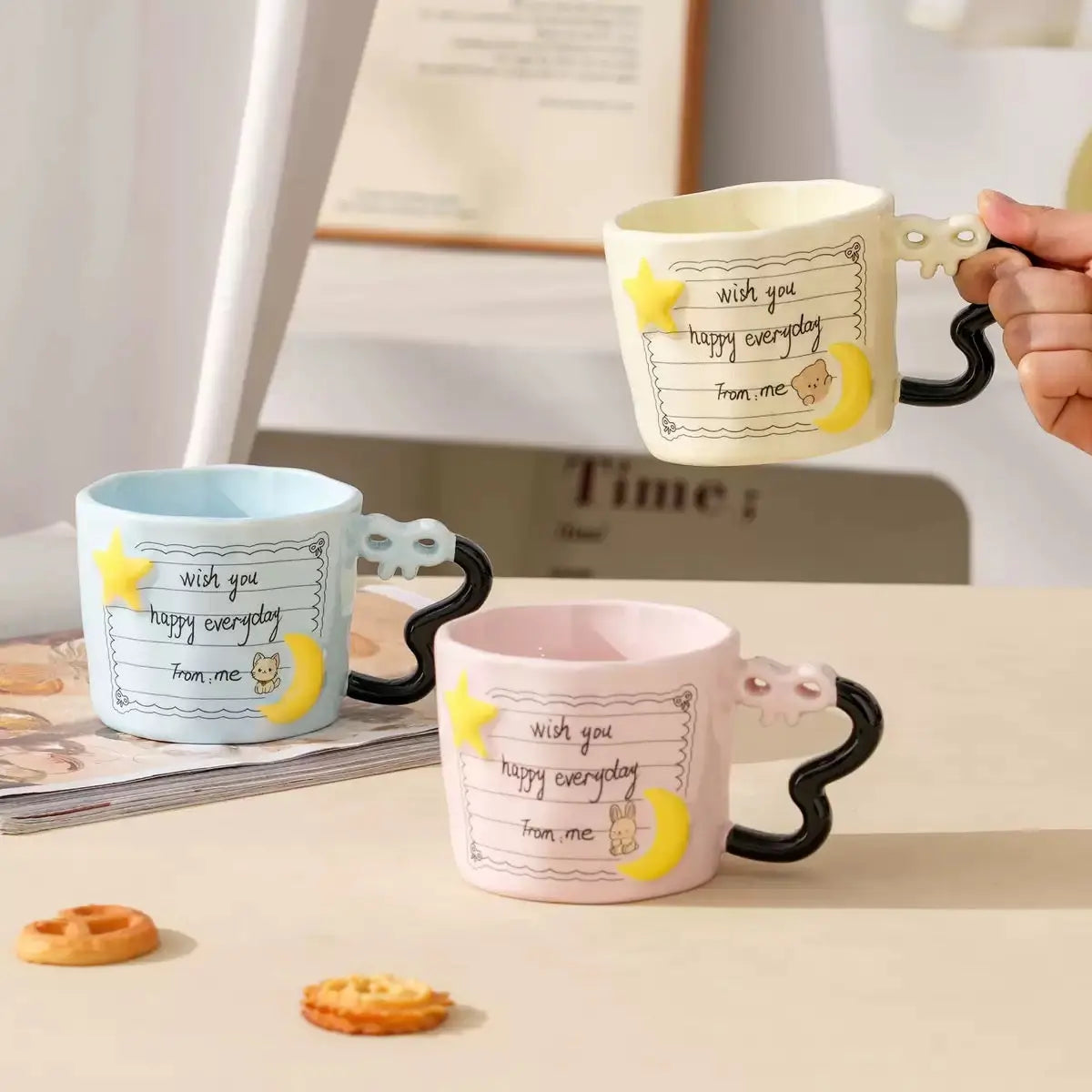 Cute Star & Moon Ceramic Mug with Heart Handle