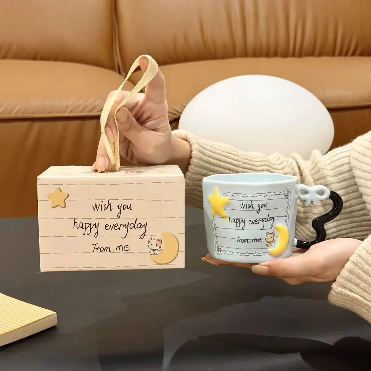 Cute Star & Moon Ceramic Mug with Heart Handle